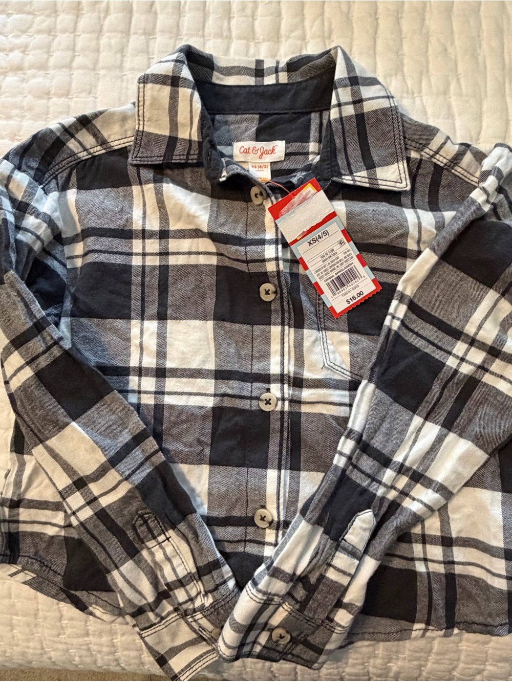 NWT - Cat & Jack Black & White Plaid Button-Front Kids Shirt
